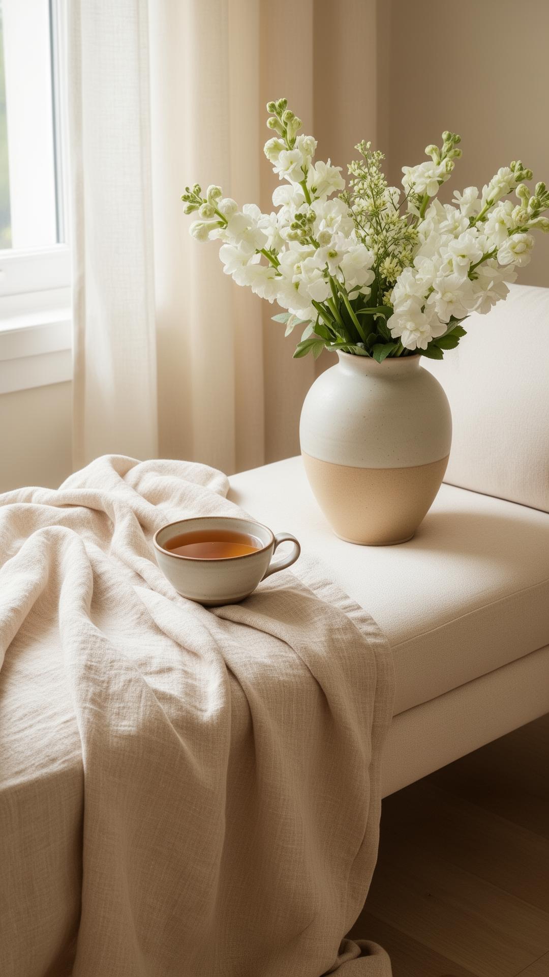 A quiet corner with linen, ceramic vase and tea