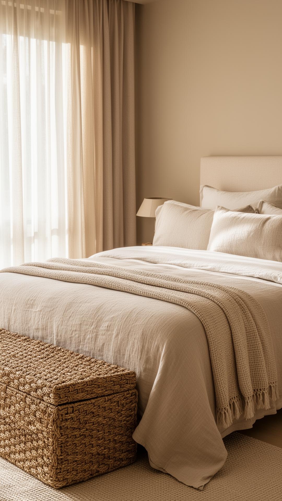 Soft luxury bedroom with linen and woven textures